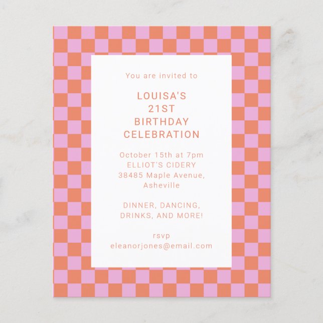Checkerboard Pink Orange Geometric Birthday Invite (Front)