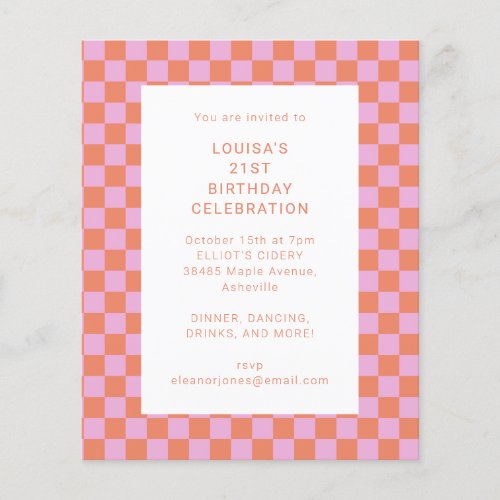 Checkerboard Pink Orange Geometric Birthday Invite