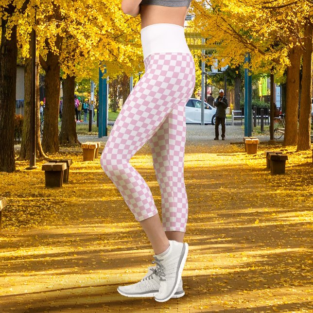 Checkerboard Pink White  Capri Leggings (Checkerboard Pink White Capri Leggings)