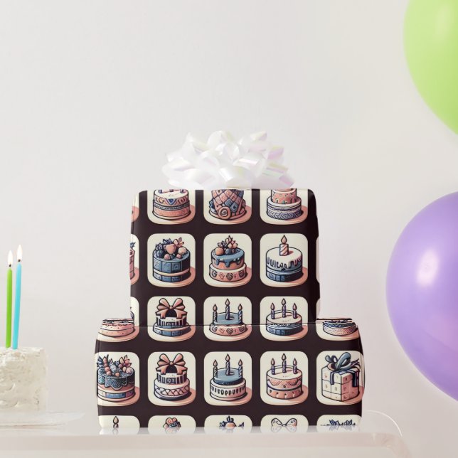 Checkerboard Print With Birthday Cakes Wrapping Paper (Party Gifts)