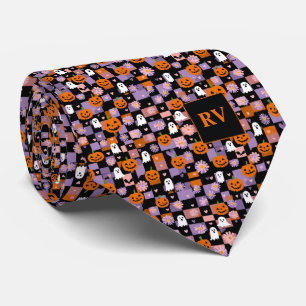 Checkerboard Pumpkin Party Halloween Monogrammed Neck Tie