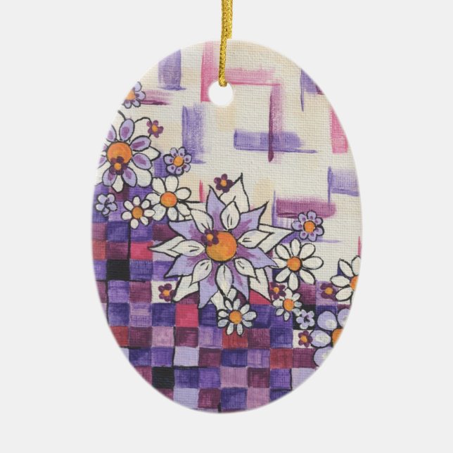 Checkerboard Purple Daisy Spray Ceramic Ornament (Front)