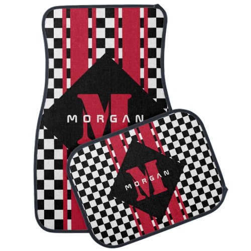 Checkerboard Racer Stripe Monogram   Car Floor Mat