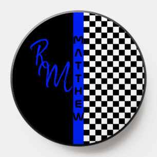 Checkerboard Racing Flag Line Custom Name Blue PopSocket