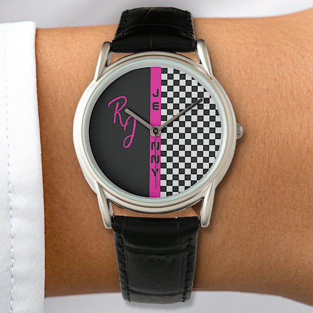 Checkerboard Racing Flag Pink Line Custom Name Watch (Creator Uploaded)