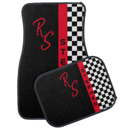 Checkerboard Racing Flag Red Line Custom Name Cool Car Floor Mat