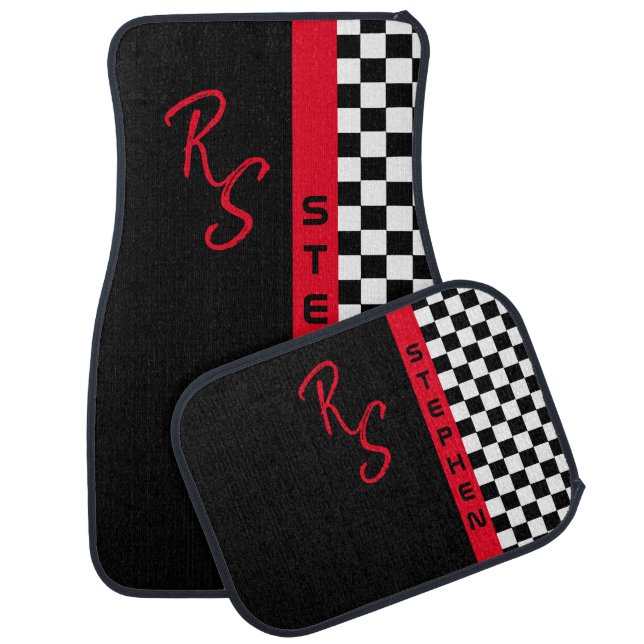 Checkerboard Racing Flag Red Line Custom Name Cool Car Floor Mat (Set)