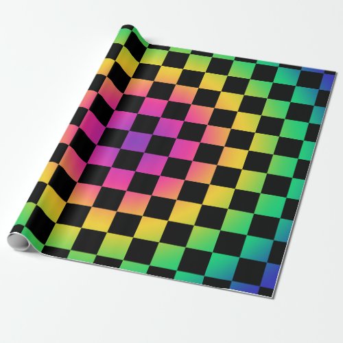 Checkerboard Rainbow Flower Pattern Wrapping Paper