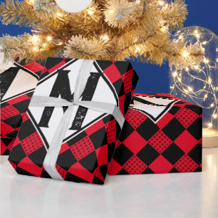 Checkerboard red & black buffalo plaid Monogram Wrapping Paper