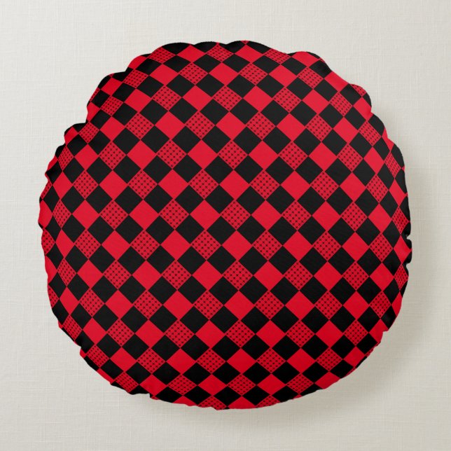 Checkerboard Red & black buffalo plaid pattern Round Pillow (Front)