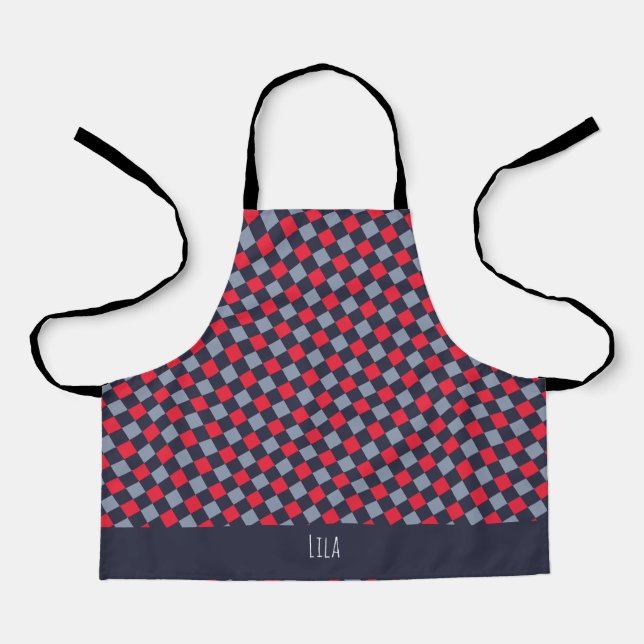 Checkerboard Red Blue Minimal Pattern Apron (Front)