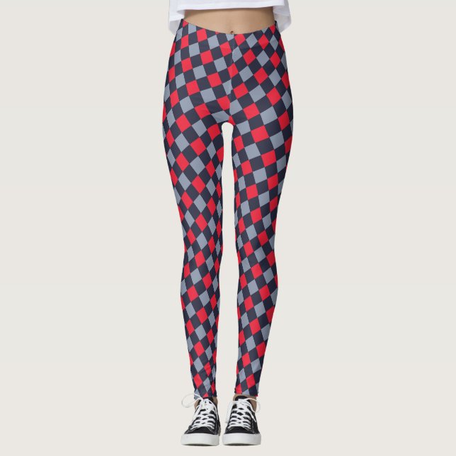 Checkerboard Red Blue Minimal Pattern Leggings (Front)