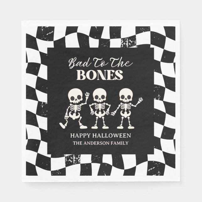 Checkerboard Retro Bad To The Bones Halloween Napkins (Front)