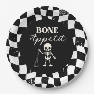 Checkerboard Retro Bad To The Bones Halloween Paper Plates