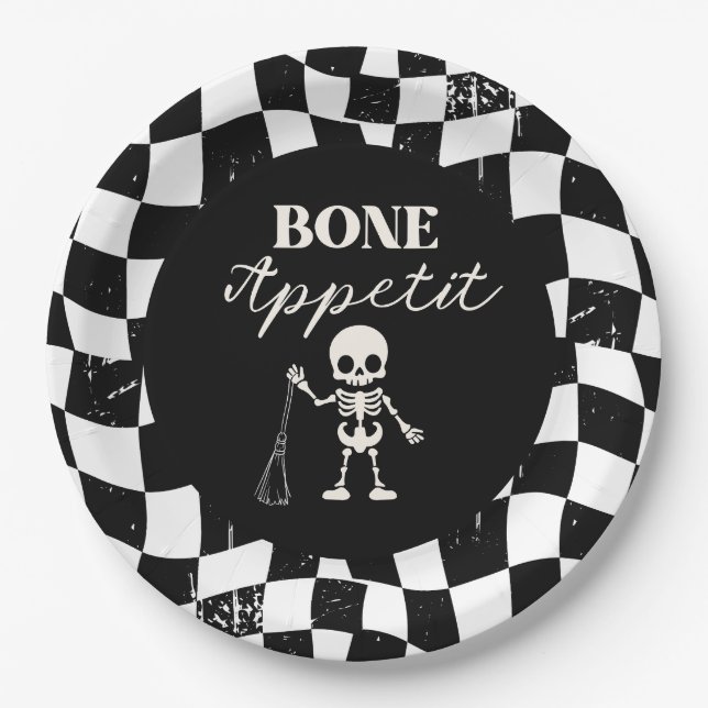 Checkerboard Retro Bad To The Bones Halloween Paper Plates (Front)