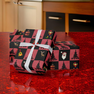 Checkerboard Santa Snowman Wreath Black Red Wrapping Paper