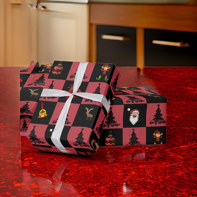 Checkerboard Santa Snowman Wreath  Black Red Wrapping Paper (Creator Uploaded)