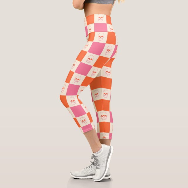 Checkerboard Skulls in Pink, Orange, & Cream Capri Leggings (Left)