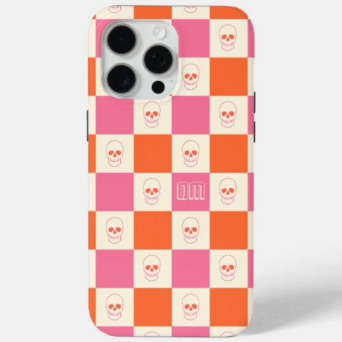 Checkerboard Skulls in Pink Orange  Cream iPhone 15 Pro Max Case
