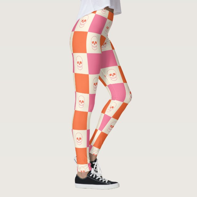 Checkerboard Skulls in Pink, Orange, & Cream Leggings (Right)