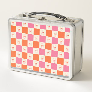 Checkerboard Skulls in Pink, Orange, & Cream Metal Lunch Box