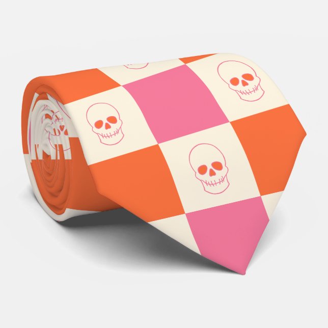Checkerboard Skulls in Pink, Orange, & Cream Neck Tie (Rolled)
