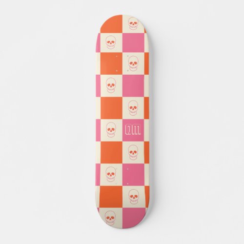 Checkerboard Skulls in Pink Orange  Cream Skateboard