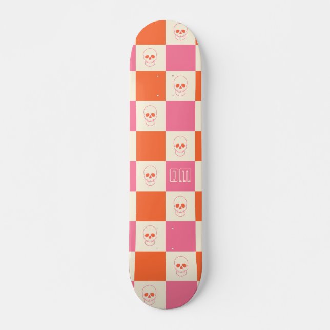 Checkerboard Skulls in Pink, Orange, & Cream Skateboard (Front)