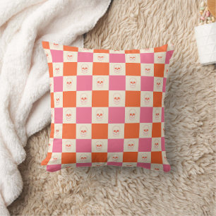 Checkerboard Skulls in Pink, Orange, & Cream Throw Pillow