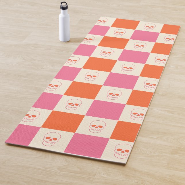 Checkerboard Skulls in Pink, Orange, & Cream Yoga Mat (In Situ)