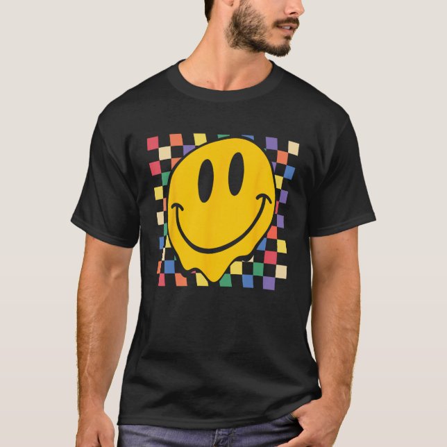 Checkerboard Smiling Face Groovy LGBT Rainbow Prid T-Shirt (Front)