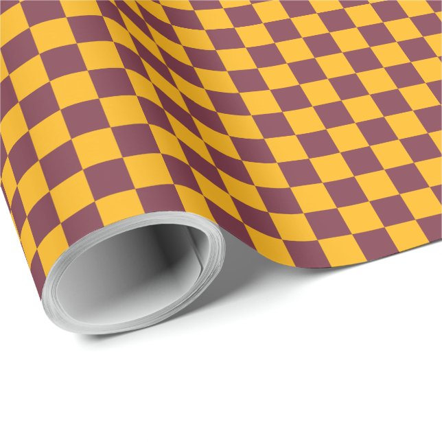 Checkerboard Sports Team Spirit Maroon Gold Fun Wrapping Paper (Roll Corner)