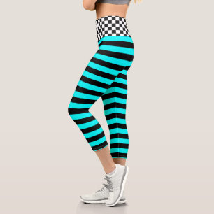 Checkerboard Striped Black and Aqua Design Capri Leggings
