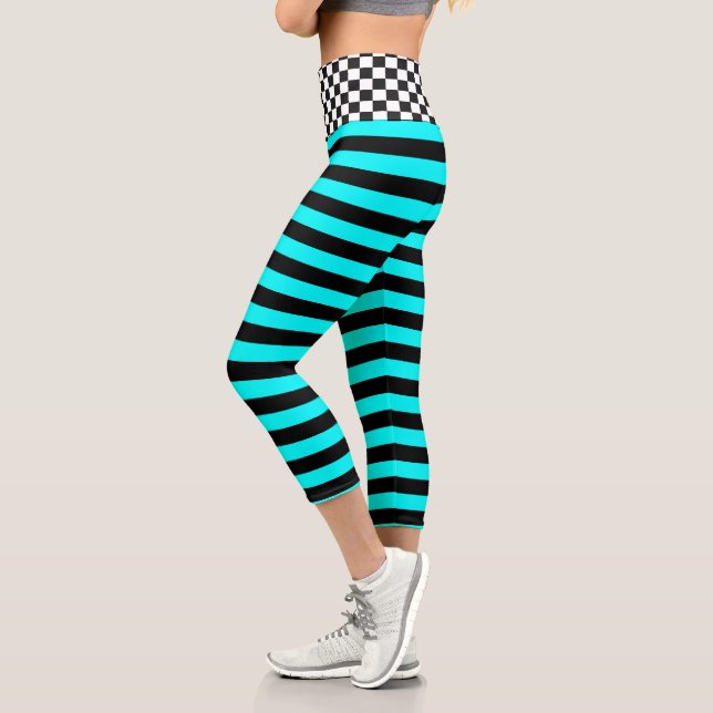 Checkerboard Striped Black and Aqua Design Capri Leggings (Left)