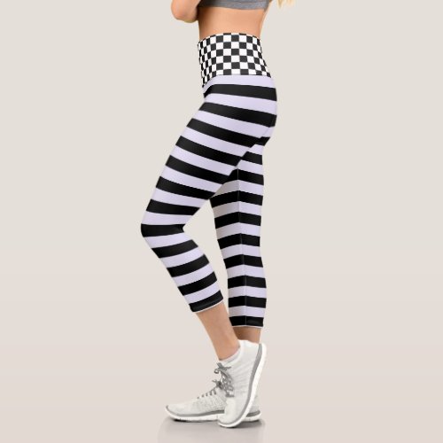 Checkerboard Striped Black and Lavender Design Capri Leggings