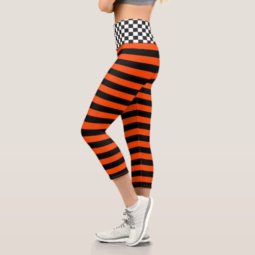 Checkerboard Striped Black and Orange Red Design Capri Leggings