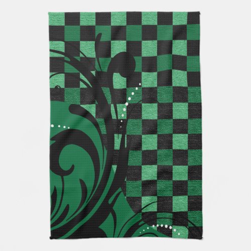 Checkerboard Swirl Pattern  Green and Black Towel