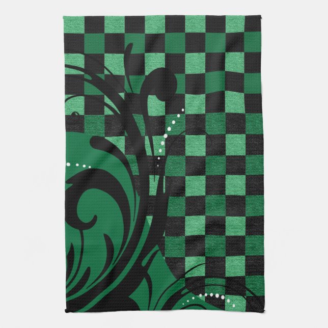 Checkerboard Swirl Pattern | Green and Black Towel (Vertical)