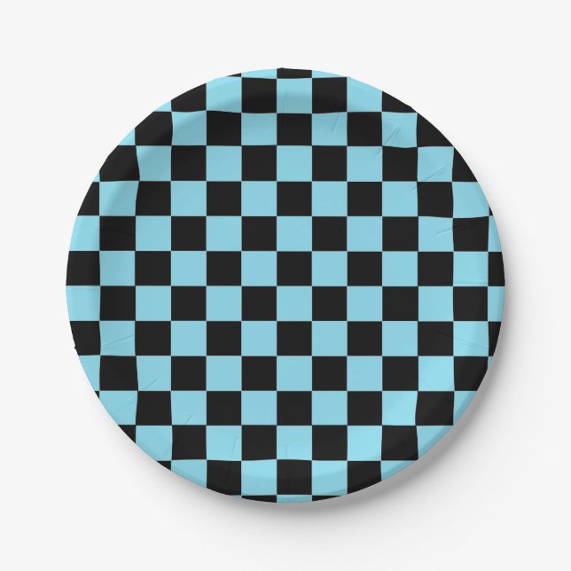 Checkerboard Turquoise Black Paper Plates (Front)