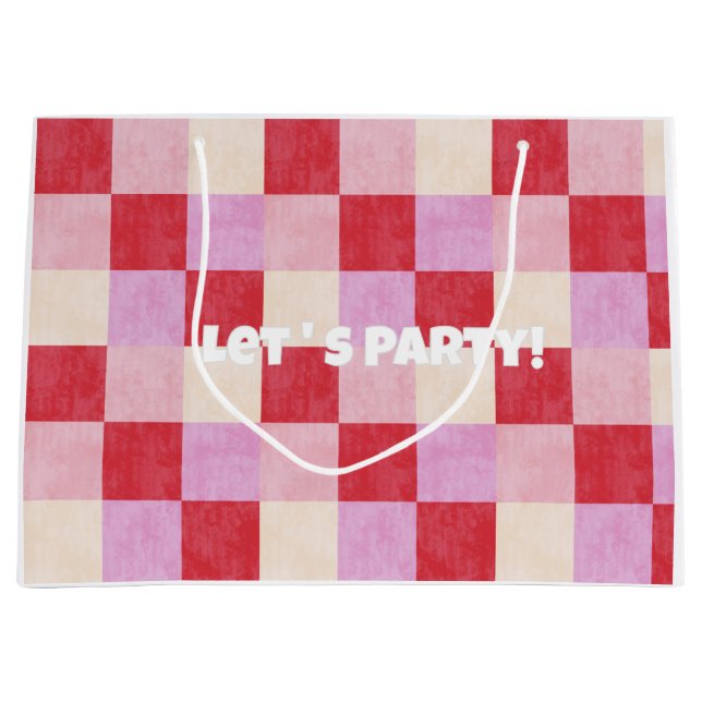 checkerboard valentine plaid red pink cream preppy large gift bag (Front)