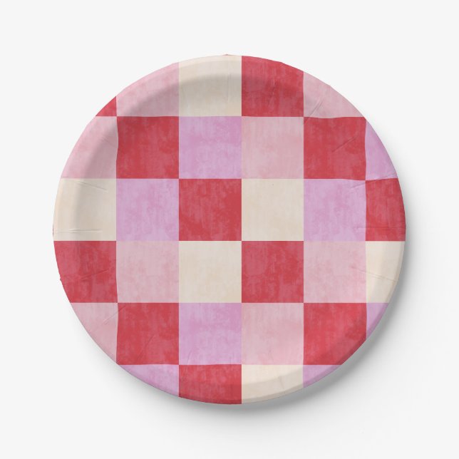 checkerboard valentine plaid red pink cream preppy paper plates (Front)