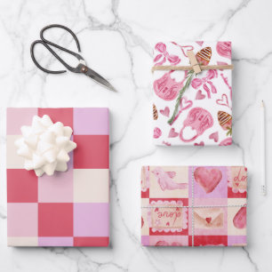 checkerboard valentine plaid red pink cream preppy wrapping paper sheets