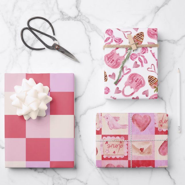 checkerboard valentine plaid red pink cream preppy wrapping paper sheets (Front)