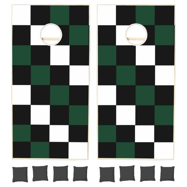 Checkerboard White Black Green Checks Cornhole Set (Set)