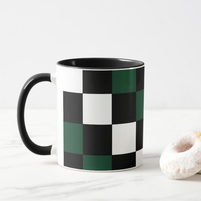 Checkerboard White Black Green Chequered Mug (With Donut)