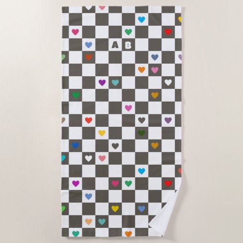 Checkerboard with Colorful Hearts and Initials Beach Towel
