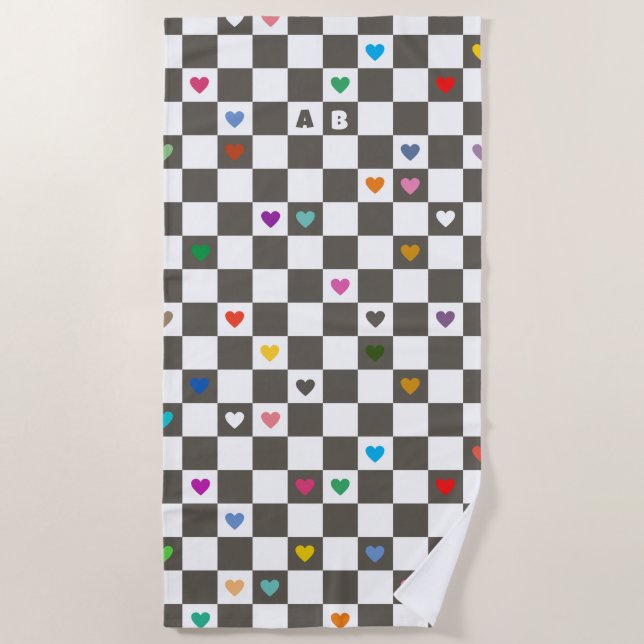 Checkerboard with Colorful Hearts and Initials Beach Towel (Front)