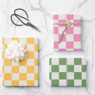 Checkerboard Yellow Pink Green Preppy Retro Fun Wrapping Paper Sheets