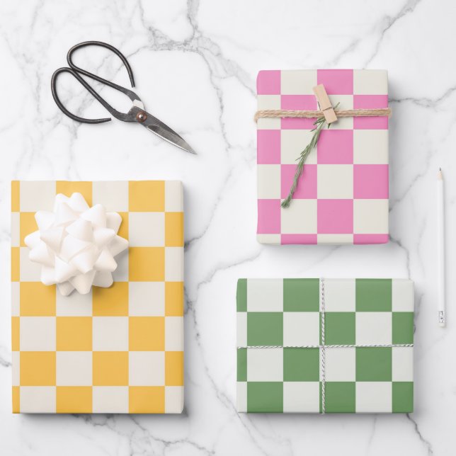Checkerboard Yellow Pink Green Preppy Retro Fun Wrapping Paper Sheets (Front)