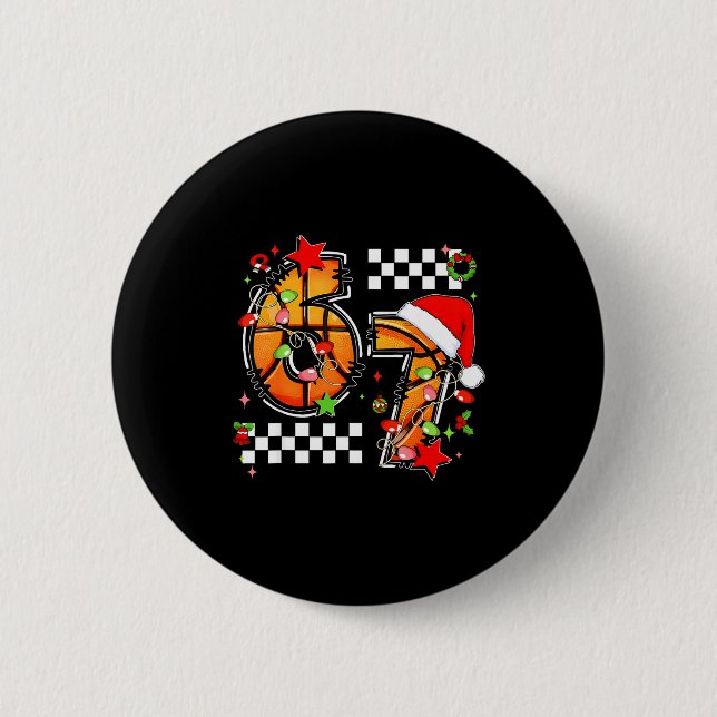 Checkered 67 Basketball Santa Hat Christmas Six Se Button (Front)